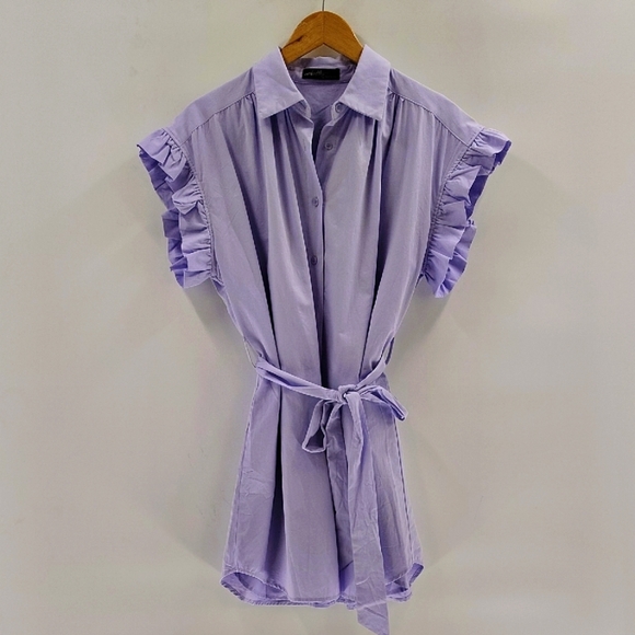 On Twelfth Button Up Mini Dress Purple Size Large With Waist Tie Ruffle Sleeve - Picture 1 of 7